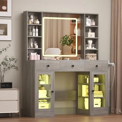 3-Drawer Vanity Desk with Lighted Mirror, 43.4 in Wide, Natural