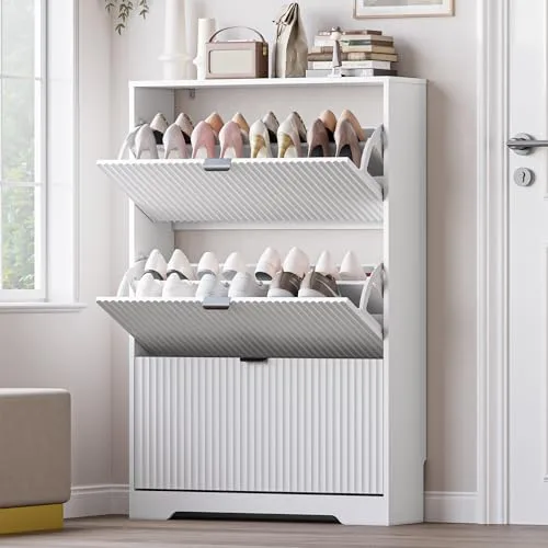 Fluted Slim 3-Flip Shoe Cabinet, 47.8 in Tall, White