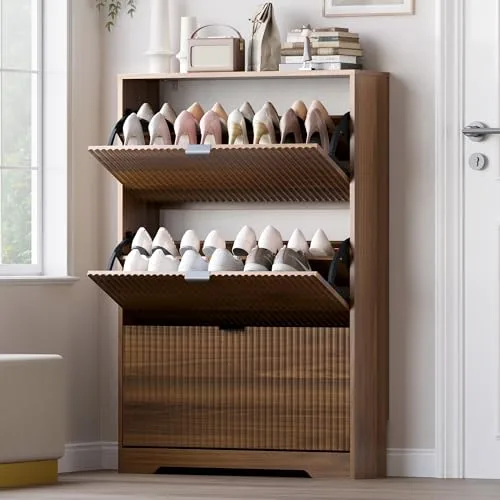 Fluted Slim 3-Flip Shoe Cabinet, 47.8 in Tall, Walnut