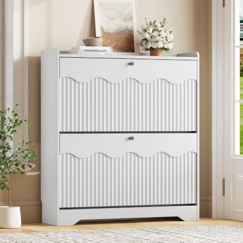 Fluted Slim 2-Flip Shoe Cabinet, 35.4 in Tall, White