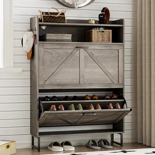 Slim 2-Flip Shoe Cabinet, 44.7 in Tall, Grey