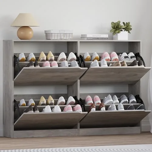 Slim 4-Flip Shoe Cabinet, 32.3 in Tall, Grey