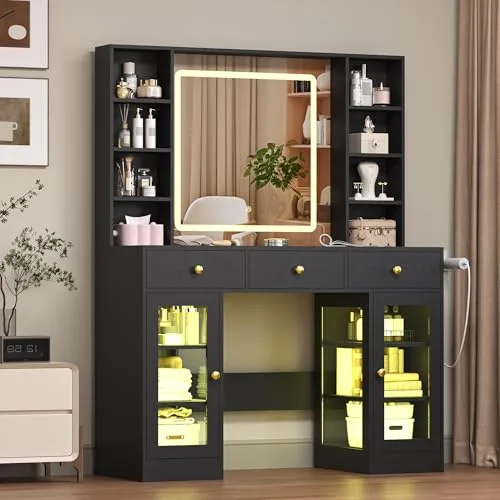 3-Drawer Vanity Desk with Lighted Mirror, 43.4 in Wide, Black