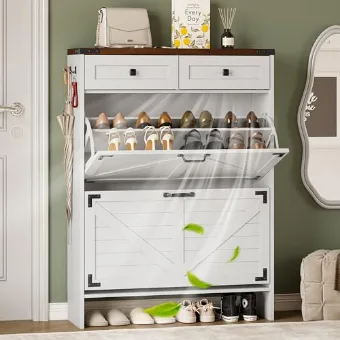 White farmhouse shoe cabinet with a panelled front beside a doorway