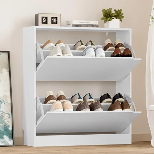 Slim 2-Flip Shoe Cabinet, 33.1 in Tall, White