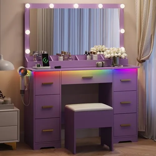 7-Drawer Vanity Desk with Lighted Mirror, 43.7 in Wide, Purple