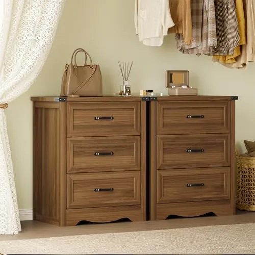 Curved 3-Drawer Nightstand Set of 2, 23.6 in Wide, Walnut