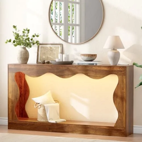 Curved Slim Console Table with Charging Station, 63 in Wide, Walnut