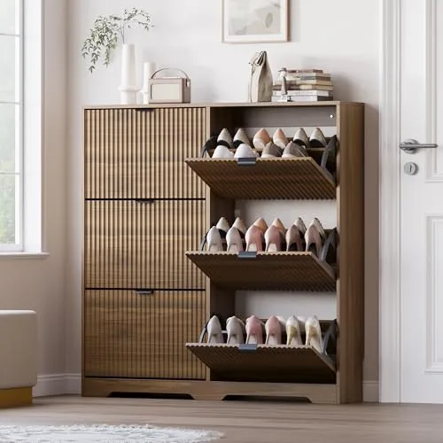 Fluted Slim 6-Flip Shoe Cabinet, 47.8 in Tall, Walnut