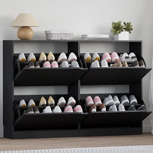 Slim 4-Flip Shoe Cabinet, 32.3 in Tall, Black