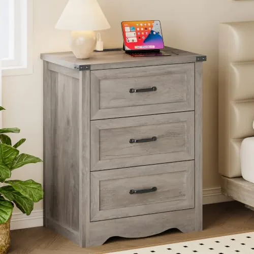 Curved Nightstand with Charging Station, 23.6 in Wide, Wood