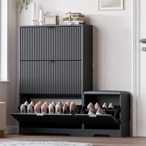 Fluted Slim 3-Drawer Shoe Cabinet with Bench, 47.8 in Tall, Black