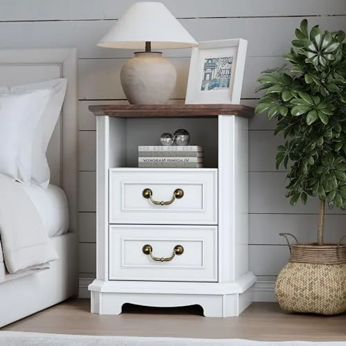 2-Drawer Nightstand with Charging Station, 17.7 in Wide, White