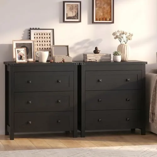 3-Drawer Nightstand Set of 2, 27.6 in Wide, Black