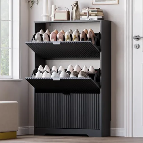 Fluted Slim 3-Flip Shoe Cabinet, 47.8 in Tall, Black