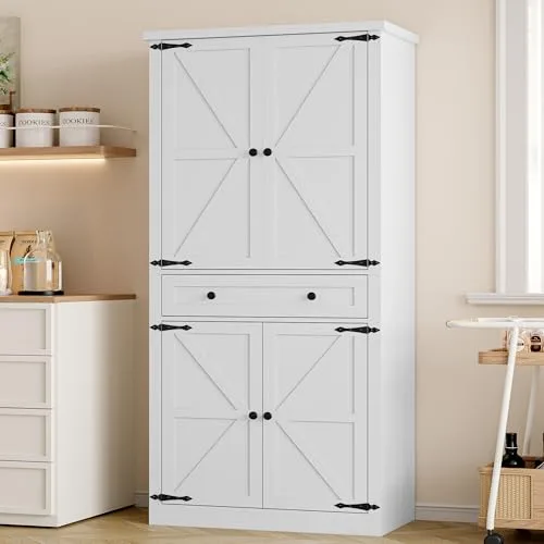 Tall Pantry Cabinet with Barn Doors, 67.7 in Tall, White
