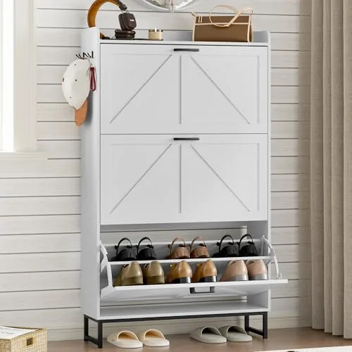 Slim 3-Flip Shoe Cabinet, 51.1 in Tall, White
