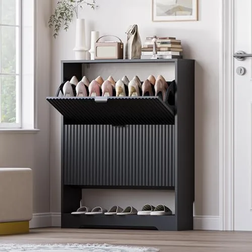 Fluted 2-Flip Shoe Cabinet, 40 in Tall, Black