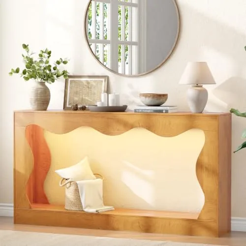 Curved Slim Console Table with Charging Station, 63 in Wide, Natural