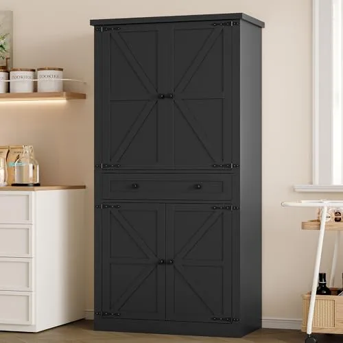 Tall Pantry Cabinet with Barn Doors, 67.7 in Tall, Black