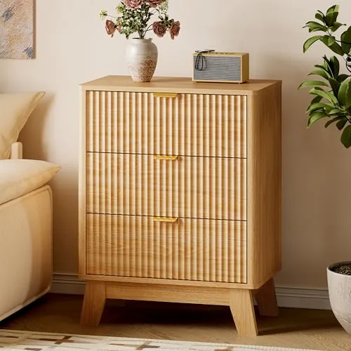 Fluted 3-Drawer Nightstand, 23.6 in Wide, Model BRN-127WR NS, Oak