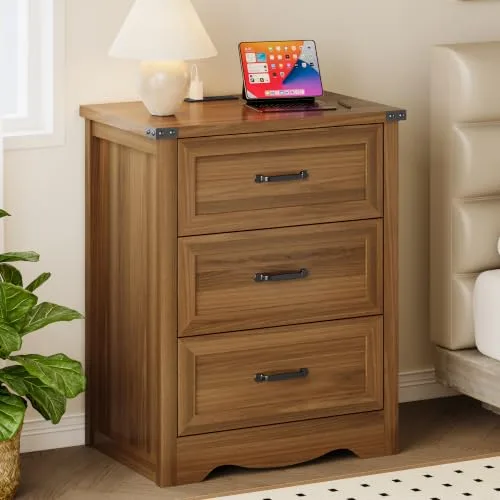 Curved Nightstand with Charging Station, 23.6 in Wide, Walnut