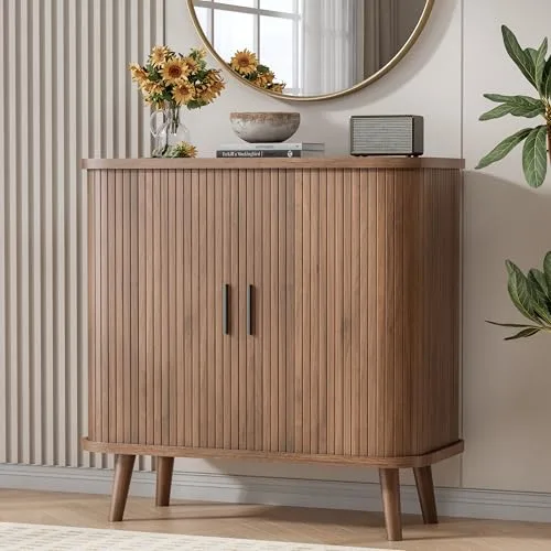 Fluted Sideboard with Sliding Doors, 31.5 in Wide, Brown