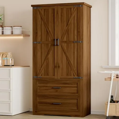 Tall Pantry Cabinet with Barn Doors, 70.9 in Tall, Walnut