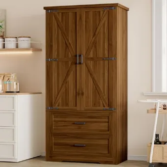 Tall walnut pantry cabinet with barn-style doors in a kitchen corner