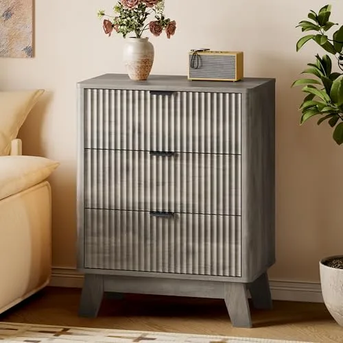 Fluted 3-Drawer Nightstand, 23.6 in Wide, Grey