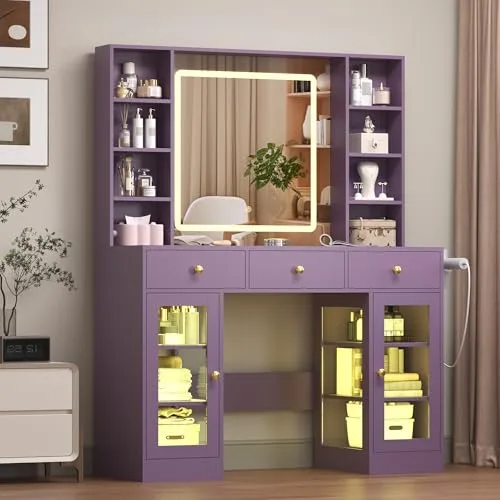 3-Drawer Vanity Desk with Lighted Mirror, 43.4 in Wide, Purple