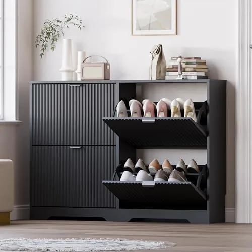 Fluted 4-Flip Shoe Cabinet, 33 in Tall, Black