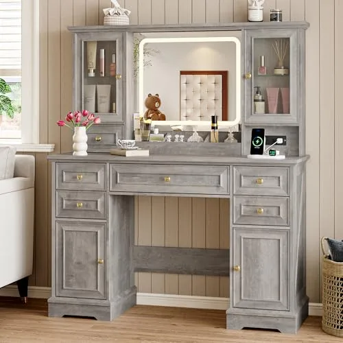 Farmhouse 6-Drawer Vanity Desk with Lighted Mirror, 43.2 in Wide, Grey