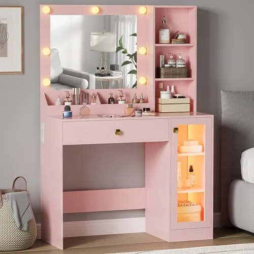 Vanity Desk with Lighted Mirror, 43.7 in Wide, Pink