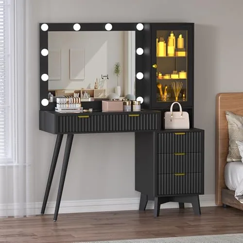 Fluted 5-Drawer Vanity Desk with Lighted Mirror, 44.8 in Wide, Black