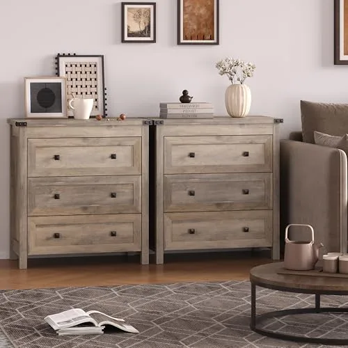 3-Drawer Nightstand Set of 2, 27.6 in Wide, Grey