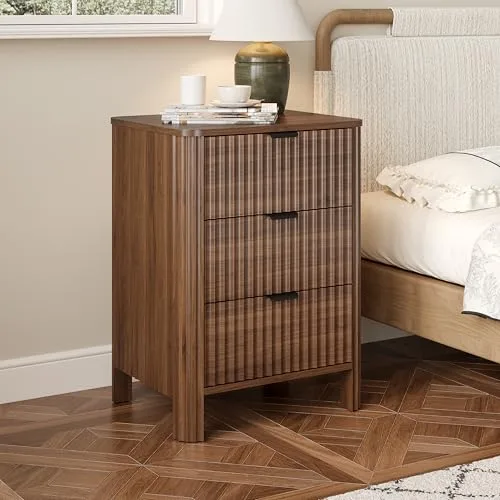 Fluted 3-Drawer Nightstand, 19.7 in Wide, Walnut