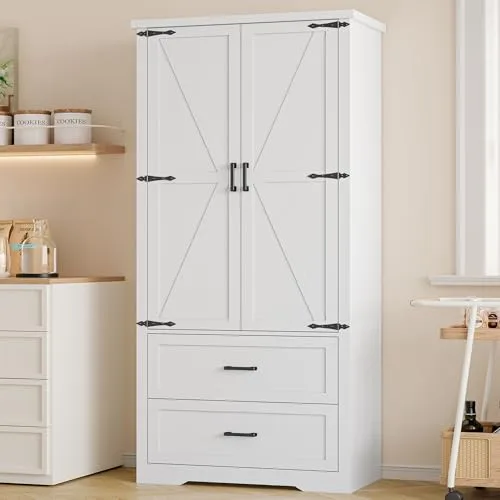 Tall Pantry Cabinet with Barn Doors, 70.9 in Tall, White