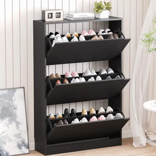 Slim 3-Flip Shoe Cabinet, 47.2 in Tall, Black