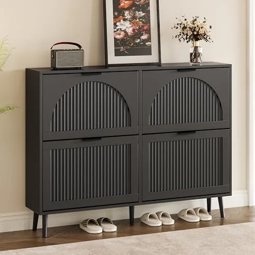 Fluted Slim 4-Flip Shoe Cabinet, 35.8 in Tall, Black
