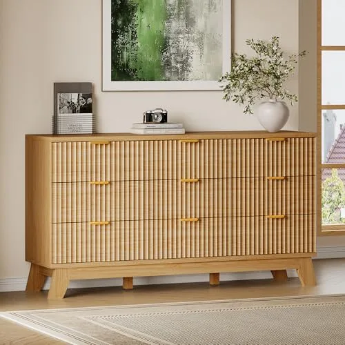 Fluted Boho 9-Drawer Dresser, 57.1 in Wide, Natural