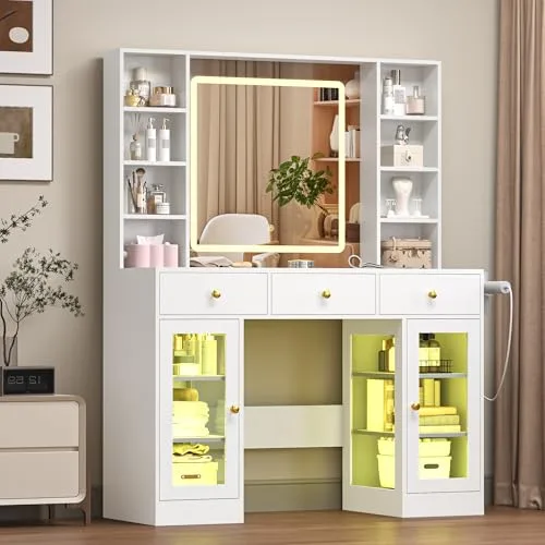 3-Drawer Vanity Desk with Lighted Mirror, 43.4 in Wide, White