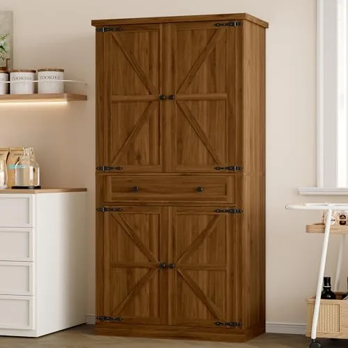 Tall Pantry Cabinet with Barn Doors, 67.7 in Tall, Walnut