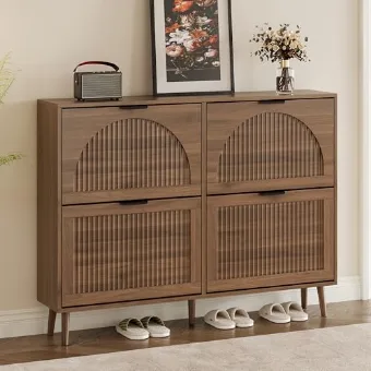 Walnut flip-drawer shoe cabinet open to show two rows of shoes
