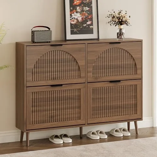 Walnut flip-drawer shoe cabinet open to show two rows of shoes
