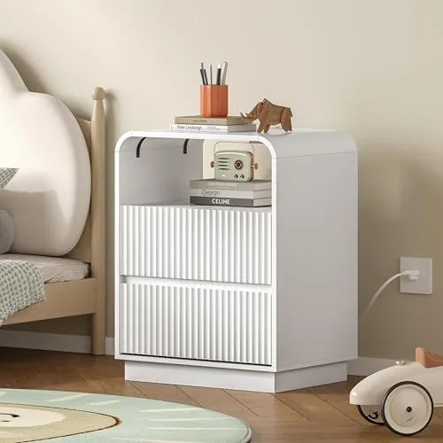Fluted Nightstand with Charging Station, 21.7 in Wide, White