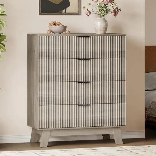 Fluted Tall 4-Drawer Dresser, 31.5 in Wide, Natural