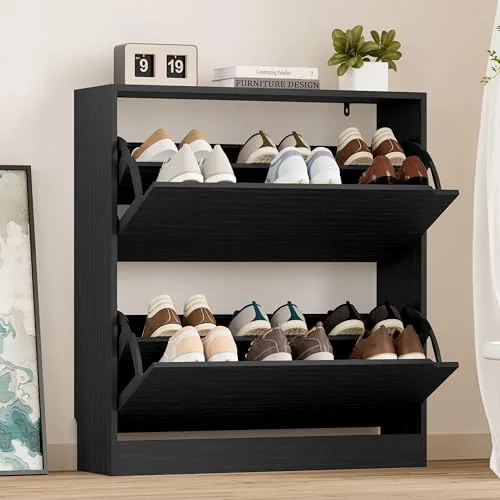 Slim 2-Flip Shoe Cabinet, 33.1 in Tall, Black