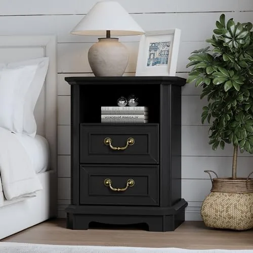 2-Drawer Nightstand with Charging Station, 17.7 in Wide, Black
