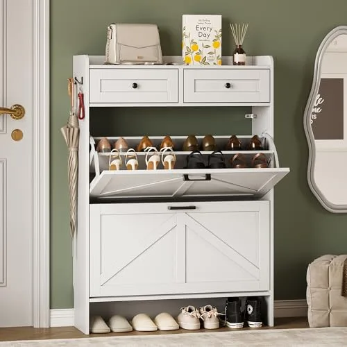 Farmhouse Slim 2-Flip Shoe Cabinet, 42.7 in Tall, White